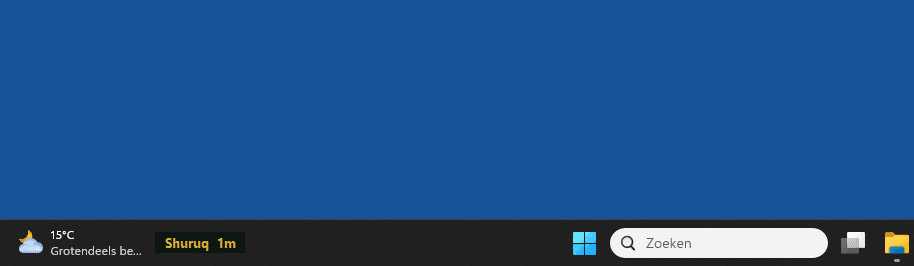 Waqti widget in de Windows taakbalk met huidige gebedstijd