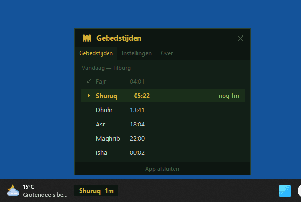 Waqti widget opengeklapt met alle gebedstijden van vandaag