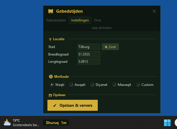 Waqti widget instellingen met stad en methode keuze