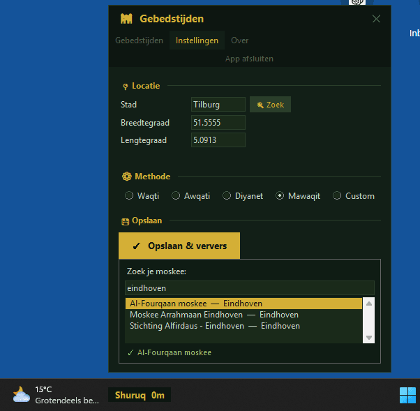 Waqti widget met Mawaqit moskee selectie