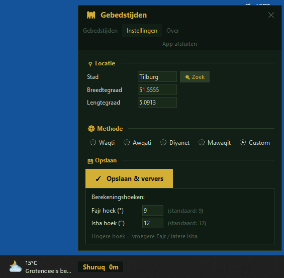 Waqti widget met custom Fajr en Isha hoeken